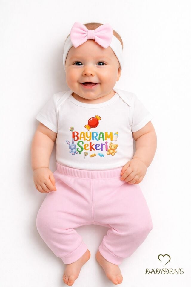 Kız Bebek Bayramlık 3'lü Takım Bayram Şekeri Baskılı Pamuklu Body Pantolon Fiyonk Saç Bandı Bayramlık Bebek Kombini