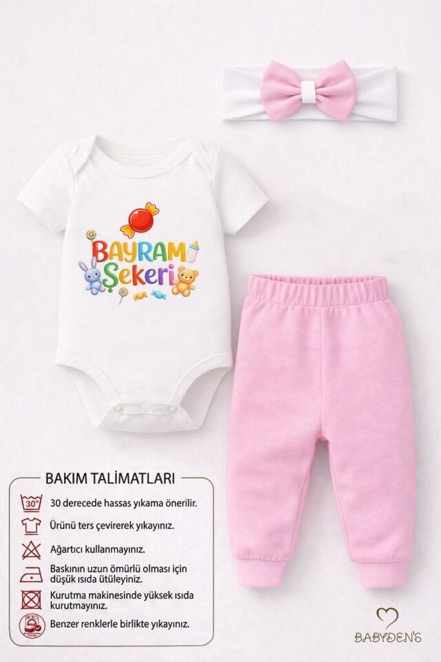 Kız Bebek Bayramlık 3'lü Takım Bayram Şekeri Baskılı Pamuklu Body Pantolon Fiyonk Saç Bandı Bayramlık Bebek Kombini