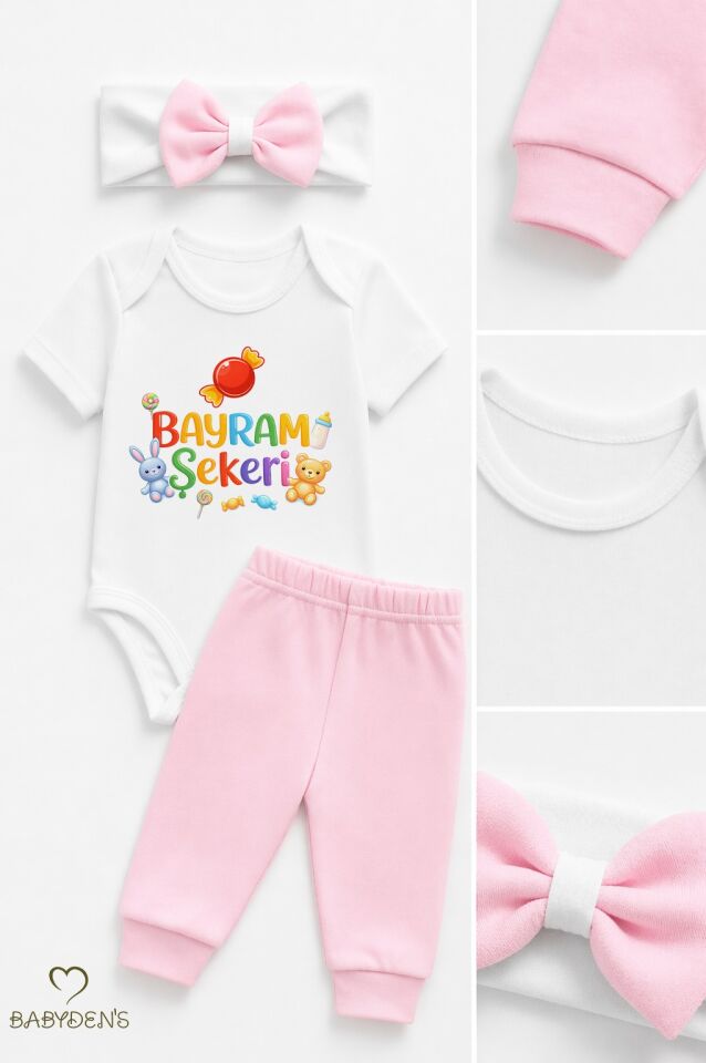 Kız Bebek Bayramlık 3'lü Takım Bayram Şekeri Baskılı Pamuklu Body Pantolon Fiyonk Saç Bandı Bayramlık Bebek Kombini