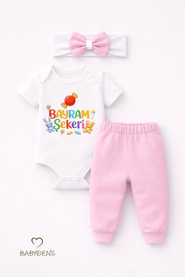 Kız Bebek Bayramlık 3'lü Takım Bayram Şekeri Baskılı Pamuklu Body Pantolon Fiyonk Saç Bandı Bayramlık Bebek Kombini