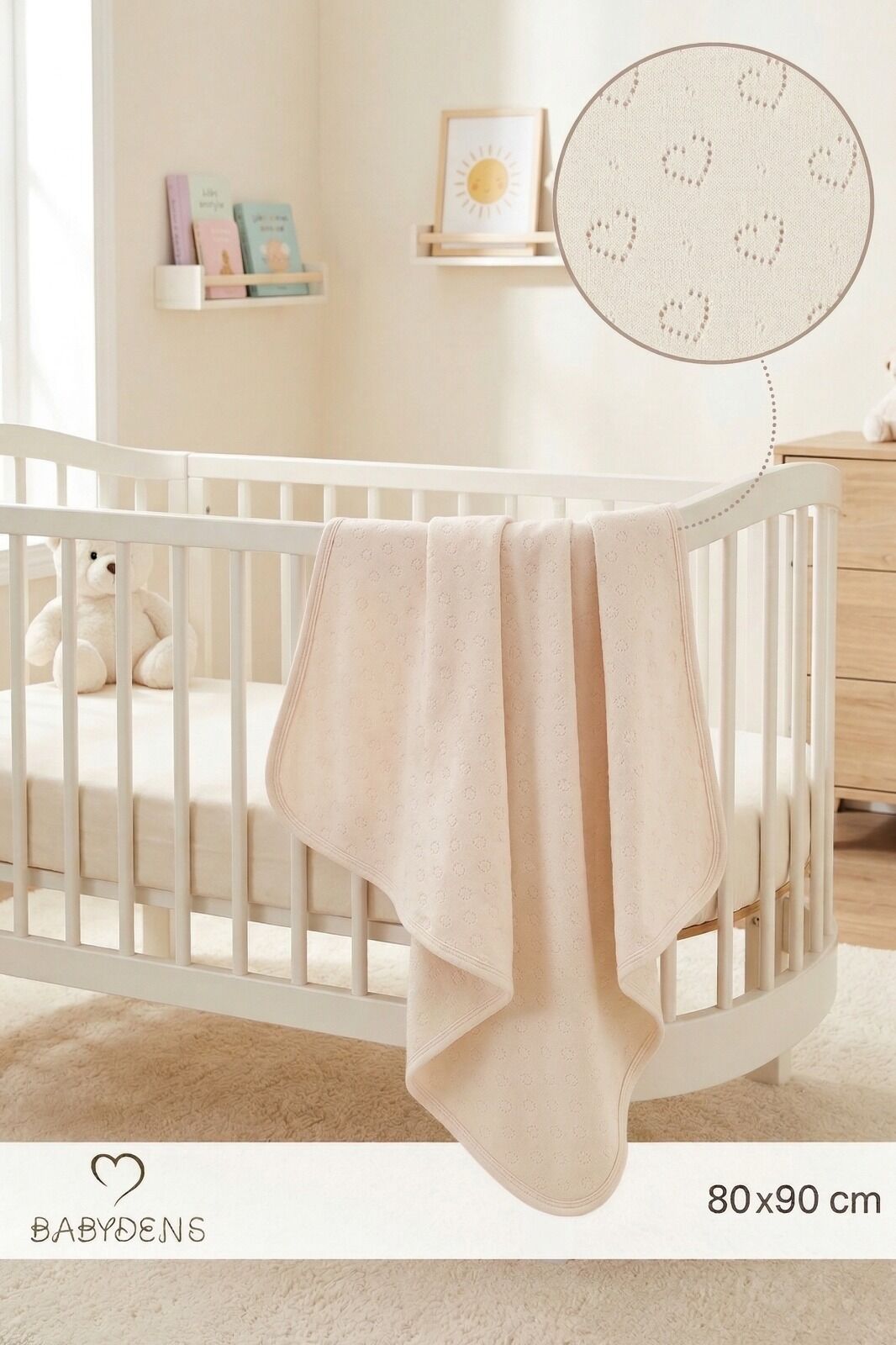 Kalp Desenli Jakarlı Bebek Battaniyesi %100Pamuklu, Nefes Alabilen, Yumuşak Yenidoğan Bebe Battaniye