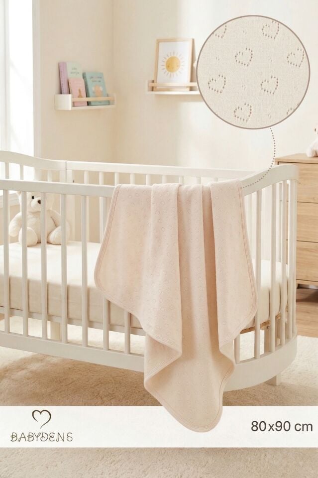 Kalp Desenli Jakarlı Bebek Battaniyesi %100Pamuklu, Nefes Alabilen, Yumuşak Yenidoğan Bebe Battaniye
