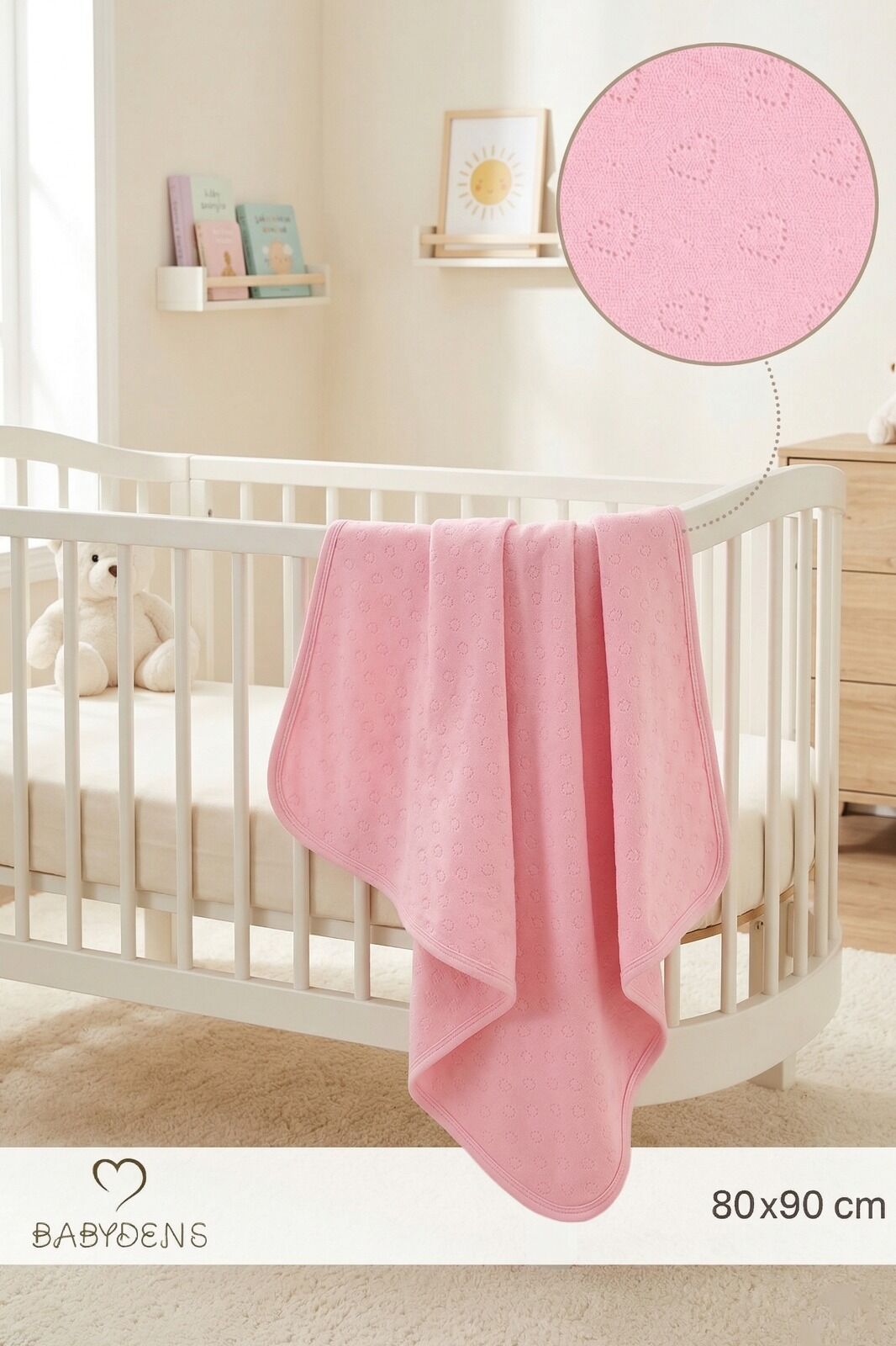 Kalp Desenli Jakarlı Bebek Battaniyesi %100Pamuklu, Nefes Alabilen, Yumuşak Yenidoğan Bebe Battaniye