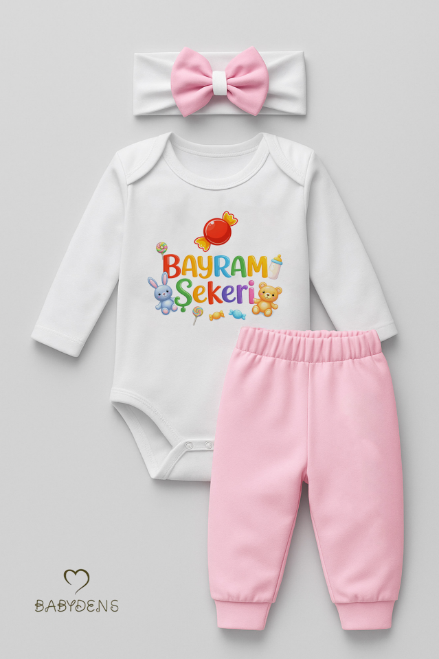 Kız Bebek Bayramlık 3'lü Takım Bayram Şekeri Baskılı Pamuklu Uzun Kol Body Pantolon Fiyonk Saç Bandı