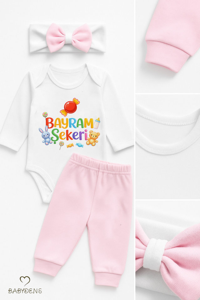 Kız Bebek Bayramlık 3'lü Takım Bayram Şekeri Baskılı Pamuklu Uzun Kol Body Pantolon Fiyonk Saç Bandı
