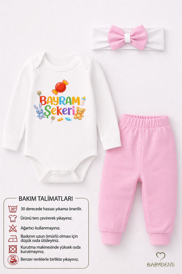 Kız Bebek Bayramlık 3'lü Takım Bayram Şekeri Baskılı Pamuklu Uzun Kol Body Pantolon Fiyonk Saç Bandı