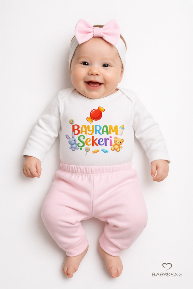 Kız Bebek Bayramlık 3'lü Takım Bayram Şekeri Baskılı Pamuklu Uzun Kol Body Pantolon Fiyonk Saç Bandı