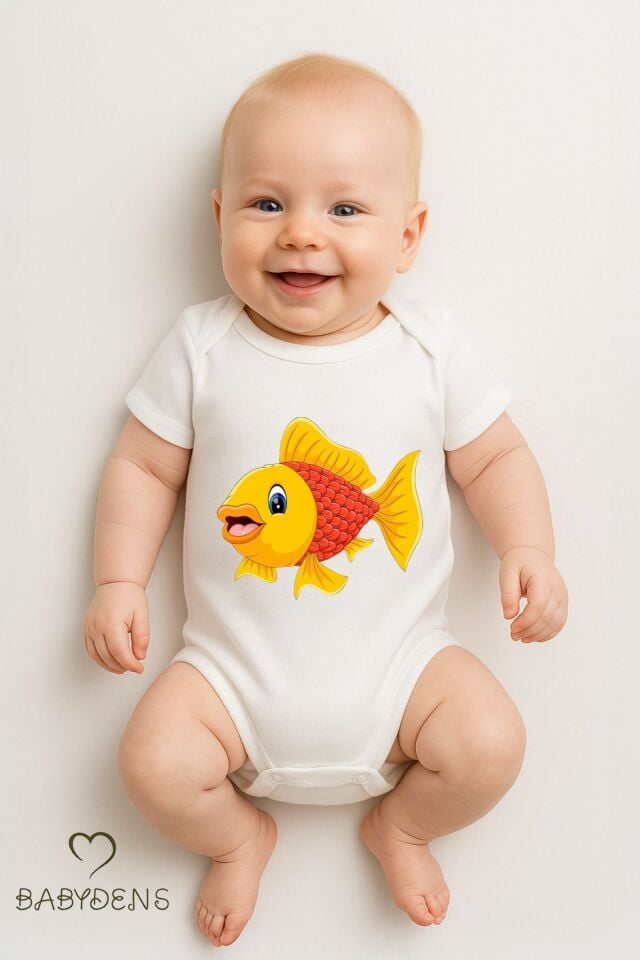 %100 Pamuklu Sevimli Hayvan Figürlü Bebek Body Unisex Çıtçıtlı Tulum Yazlık Kısa Kollu Zıbın Balık