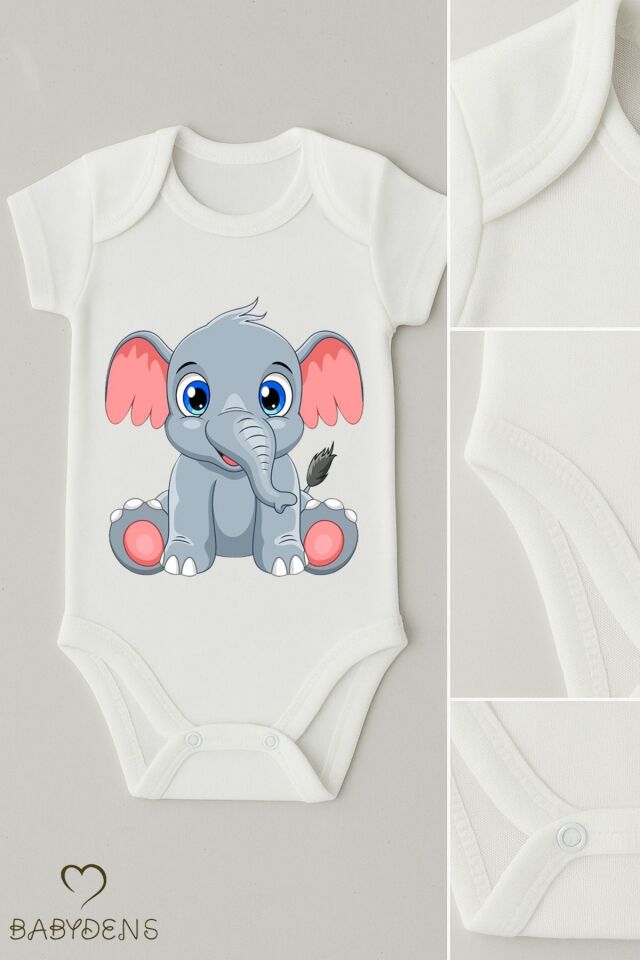 %100 Pamuklu Sevimli Hayvan Figürlü Bebek Body Unisex Çıtçıtlı Tulum Yazlık Kısa Kollu Zıbın Fil