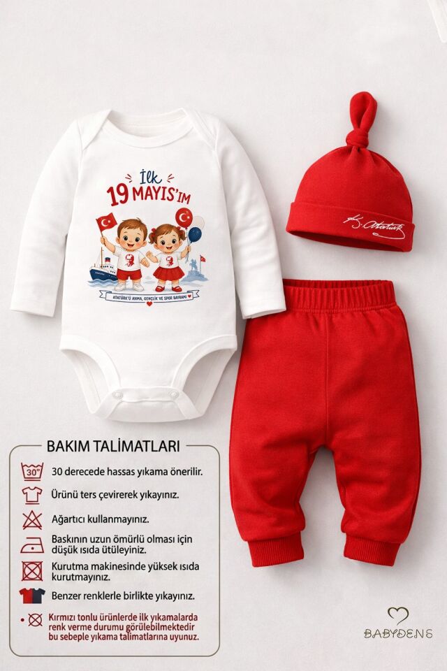 İlk 19 Mayısım Bebek Takımı – Atatürk Baskılı %100 Pamuk 3’lü Set (Uzun Kol Body + Pantolon + Şapka) Unisex