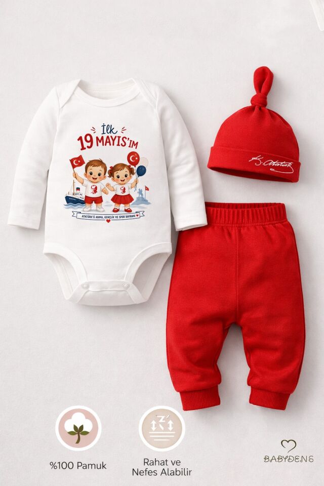 İlk 19 Mayısım Bebek Takımı – Atatürk Baskılı %100 Pamuk 3’lü Set (Uzun Kol Body + Pantolon + Şapka) Unisex
