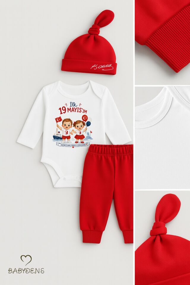 İlk 19 Mayısım Bebek Takımı – Atatürk Baskılı %100 Pamuk 3’lü Set (Uzun Kol Body + Pantolon + Şapka) Unisex