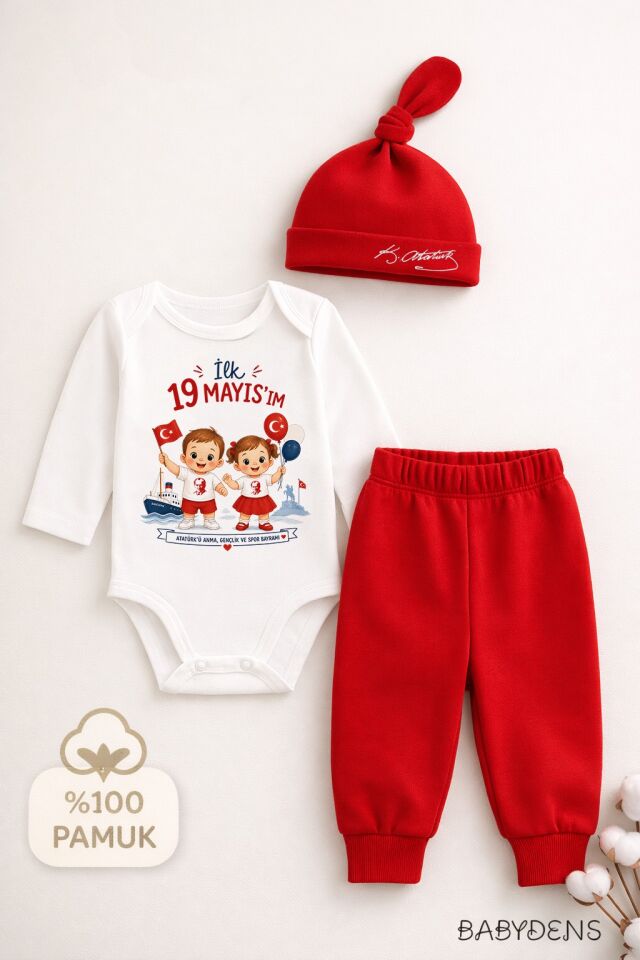 İlk 19 Mayısım Bebek Takımı – Atatürk Baskılı %100 Pamuk 3’lü Set (Uzun Kol Body + Pantolon + Şapka) Unisex