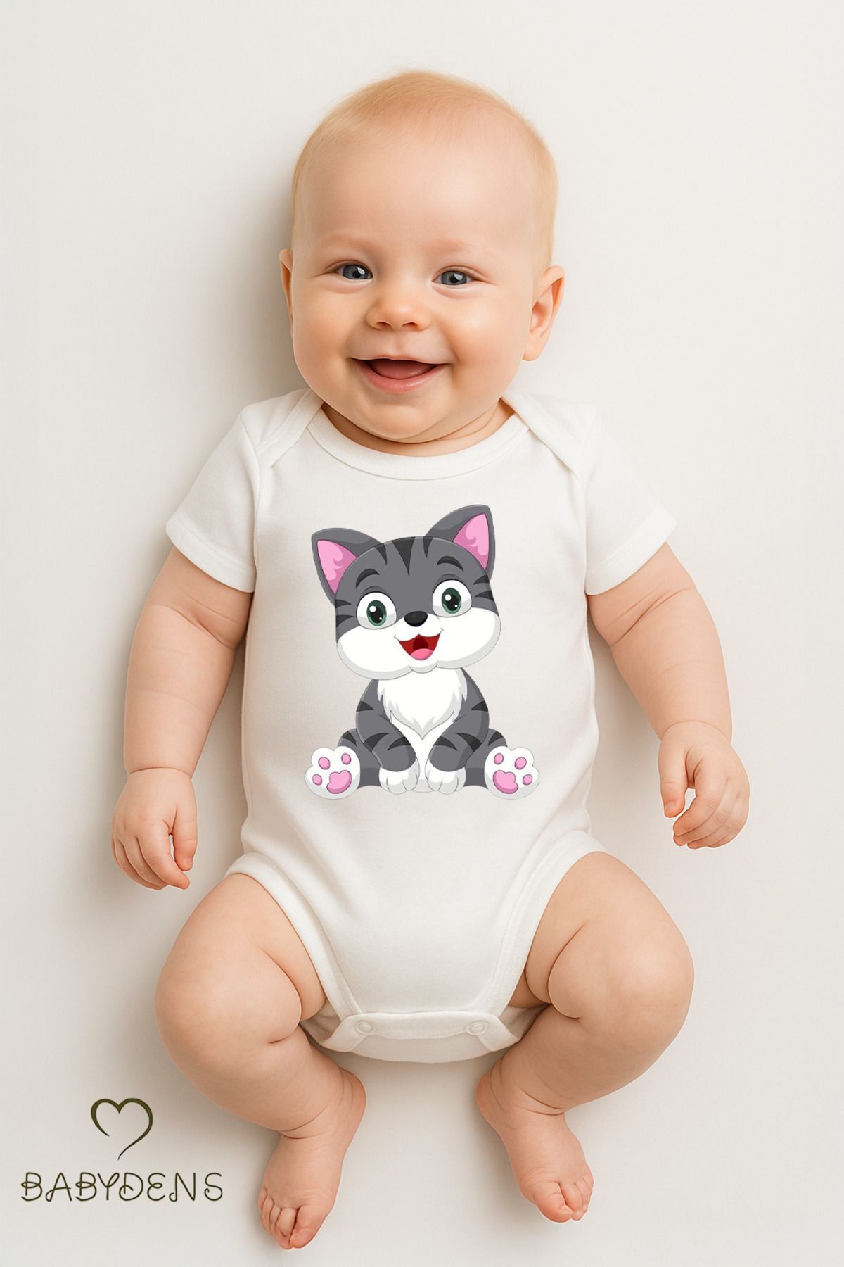 %100 Pamuklu Sevimli Hayvan Figürlü Bebek Body Unisex Çıtçıtlı Tulum Yazlık Kısa Kollu Zıbın Kedi