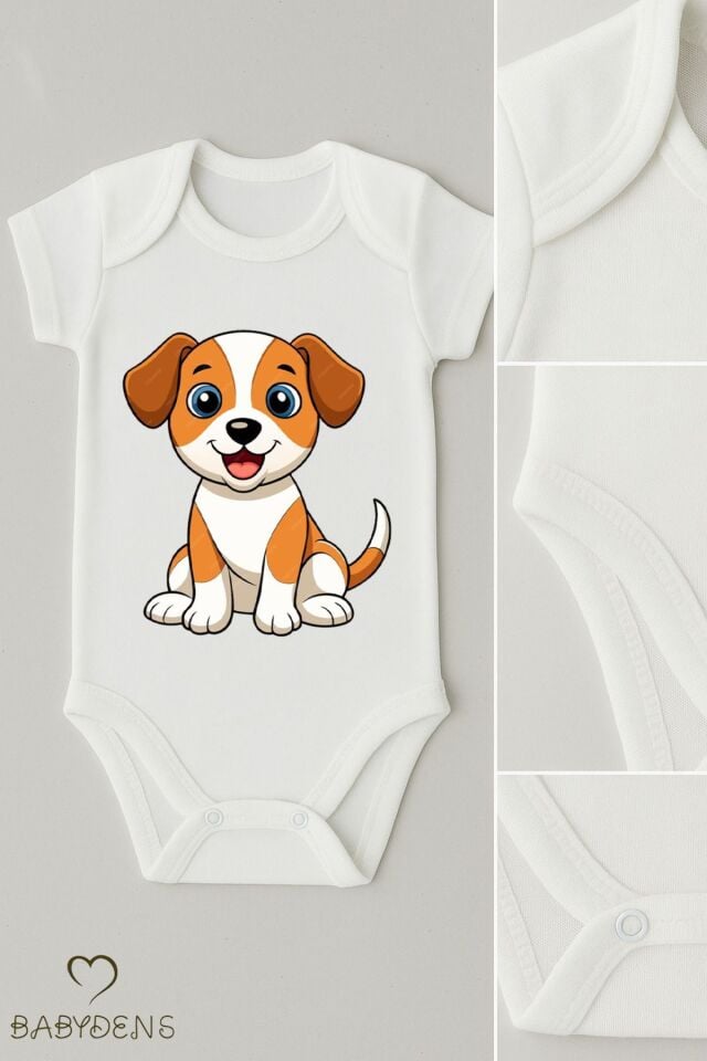 %100 Pamuklu Sevimli Hayvan Figürlü Bebek Body Unisex Çıtçıtlı Tulum Yazlık Kısa Kollu Zıbın Köpek