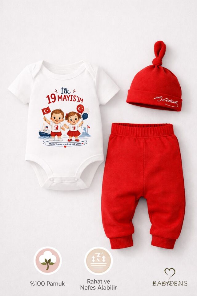 İlk 19 Mayısım Bebek Takımı – Atatürk Baskılı %100 Pamuk 3’lü Set (Kısa Kol Body + Pantolon + Şapka) Unisex