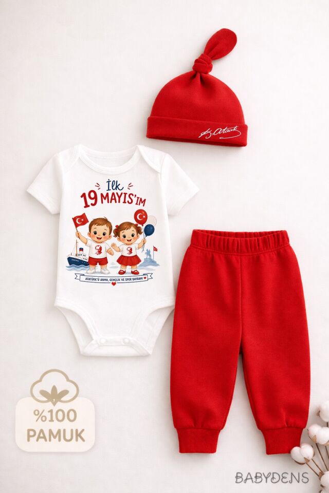 İlk 19 Mayısım Bebek Takımı – Atatürk Baskılı %100 Pamuk 3’lü Set (Kısa Kol Body + Pantolon + Şapka) Unisex
