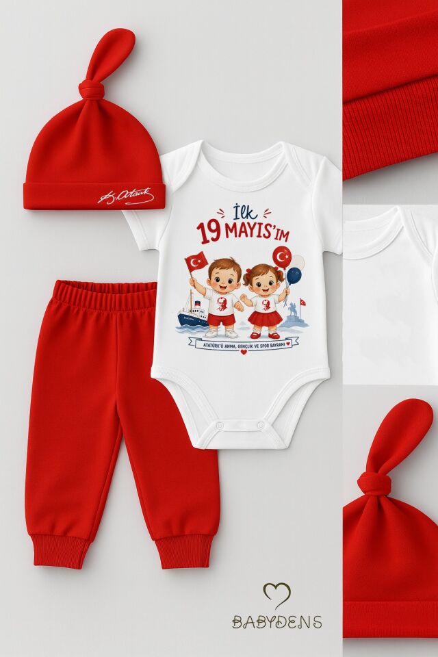 İlk 19 Mayısım Bebek Takımı – Atatürk Baskılı %100 Pamuk 3’lü Set (Kısa Kol Body + Pantolon + Şapka) Unisex
