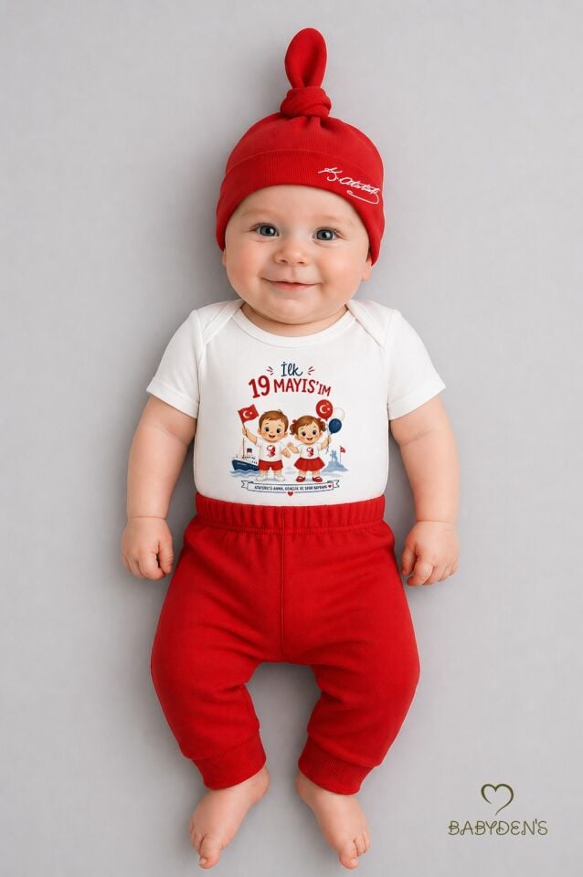 İlk 19 Mayısım Bebek Takımı – Atatürk Baskılı %100 Pamuk 3’lü Set (Kısa Kol Body + Pantolon + Şapka) Unisex