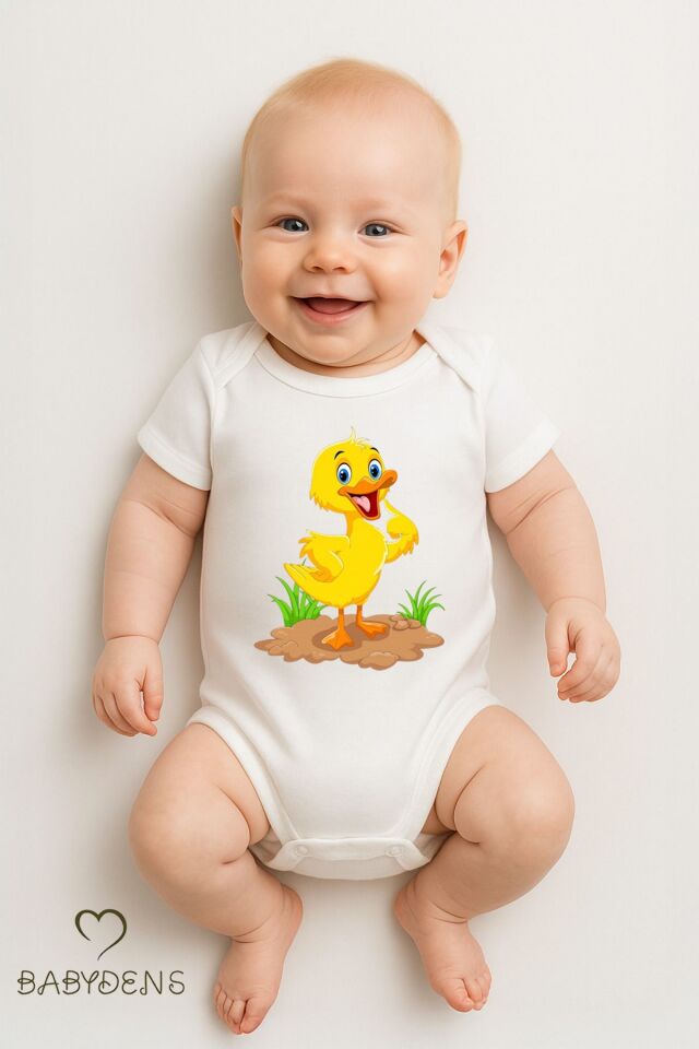%100 Pamuklu Sevimli Hayvan Figürlü Bebek Body Unisex Çıtçıtlı Tulum Yazlık Kısa Kollu Zıbın Ördek