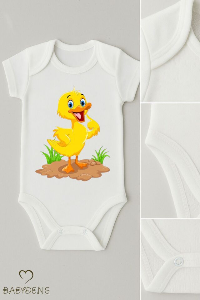 %100 Pamuklu Sevimli Hayvan Figürlü Bebek Body Unisex Çıtçıtlı Tulum Yazlık Kısa Kollu Zıbın Ördek