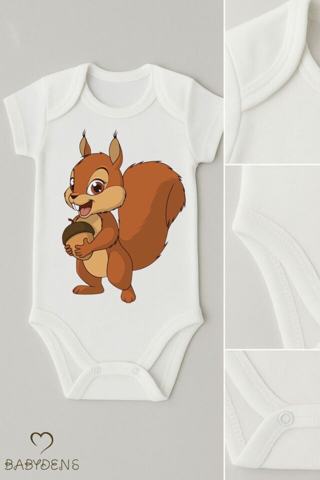 %100 Pamuklu Sevimli Hayvan Figürlü Bebek Body Unisex Çıtçıtlı Tulum Yazlık Kısa Kollu Zıbın Sincap