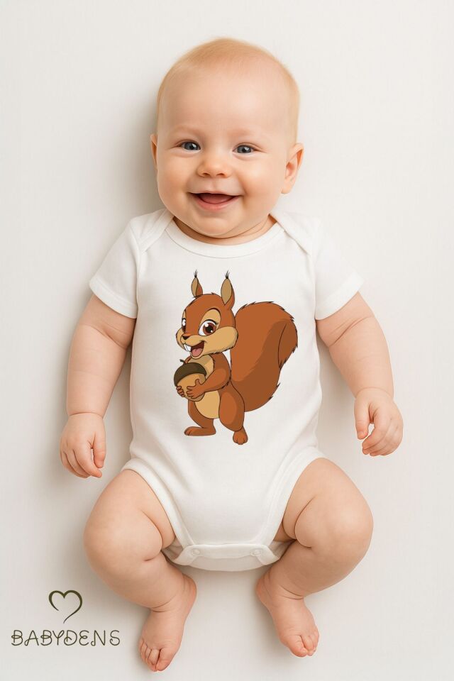 %100 Pamuklu Sevimli Hayvan Figürlü Bebek Body Unisex Çıtçıtlı Tulum Yazlık Kısa Kollu Zıbın Sincap