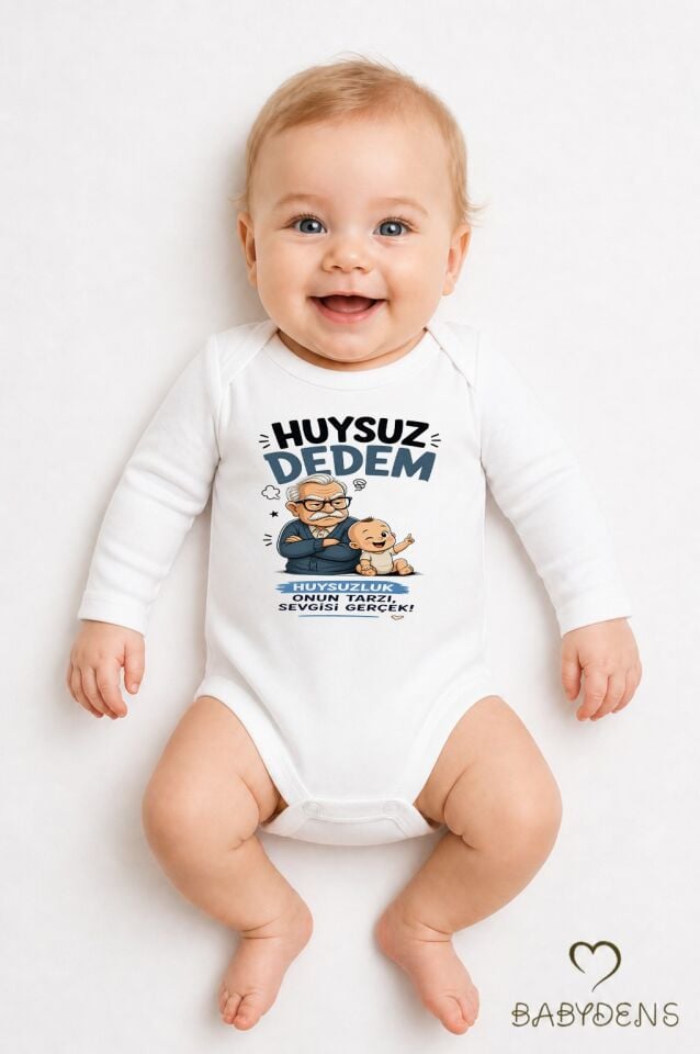 Huysuz Dedem Baskılı Unisex Bebek Body %100 Pamuk – Yenidoğan Zıbın, Uzun Kol Çıtçıtlı Bebek Badi