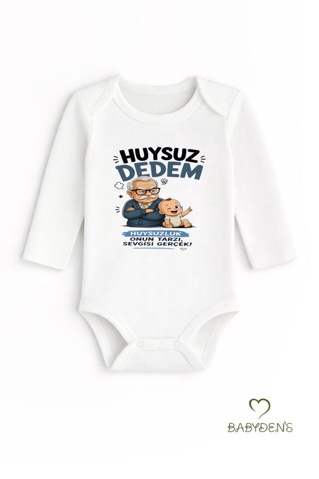 Huysuz Dedem Baskılı Unisex Bebek Body %100 Pamuk – Yenidoğan Zıbın, Uzun Kol Çıtçıtlı Bebek Badi