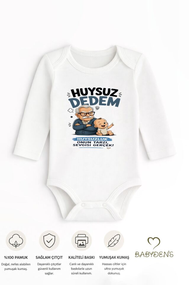 Huysuz Dedem Baskılı Unisex Bebek Body %100 Pamuk – Yenidoğan Zıbın, Uzun Kol Çıtçıtlı Bebek Badi