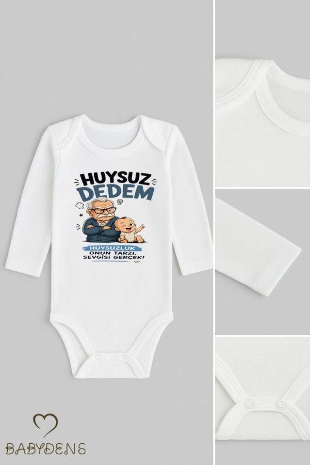 Huysuz Dedem Baskılı Unisex Bebek Body %100 Pamuk – Yenidoğan Zıbın, Uzun Kol Çıtçıtlı Bebek Badi