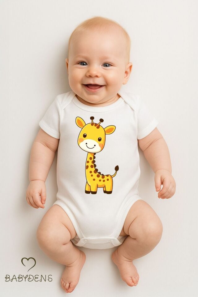 %100 Pamuklu Sevimli Hayvan Figürlü Bebek Body Unisex Çıtçıtlı Tulum Yazlık Kısa Kollu Zıbın Zürafa