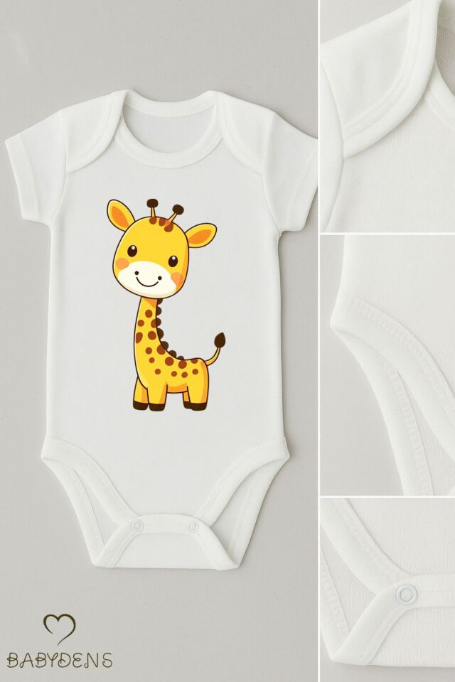 %100 Pamuklu Sevimli Hayvan Figürlü Bebek Body Unisex Çıtçıtlı Tulum Yazlık Kısa Kollu Zıbın Zürafa