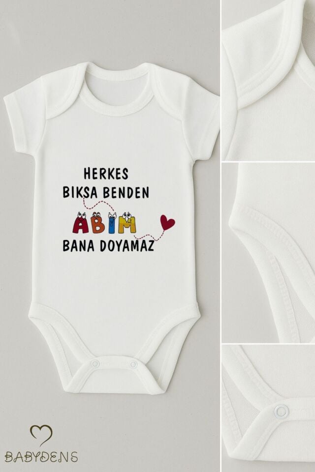 Herkes Bıksa Benden Abim Bana Doyamaz Yazılı Bebek Zıbını %100 Pamuklu Kısa Kollu Body Tulum