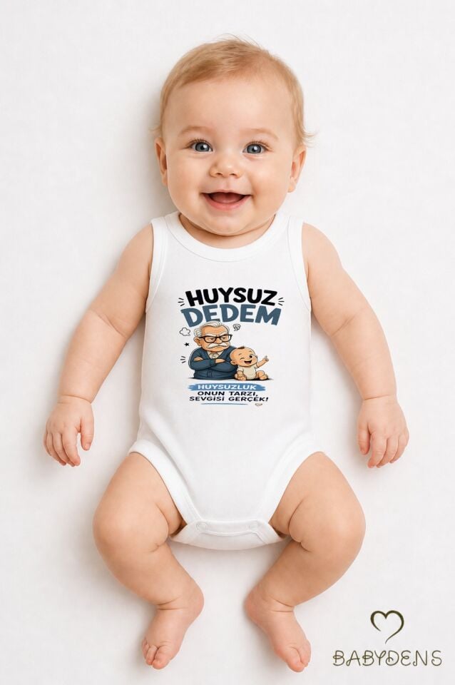 Huysuz Dedem Baskılı Unisex Bebek Body %100 Pamuk – Yenidoğan Zıbın,Kolsuz Çıtçıtlı Bebek Badi