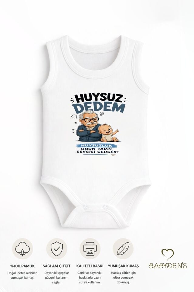 Huysuz Dedem Baskılı Unisex Bebek Body %100 Pamuk – Yenidoğan Zıbın,Kolsuz Çıtçıtlı Bebek Badi