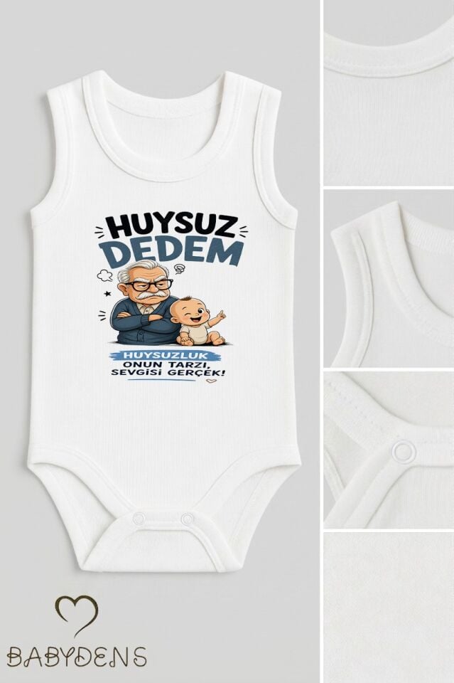 Huysuz Dedem Baskılı Unisex Bebek Body %100 Pamuk – Yenidoğan Zıbın,Kolsuz Çıtçıtlı Bebek Badi