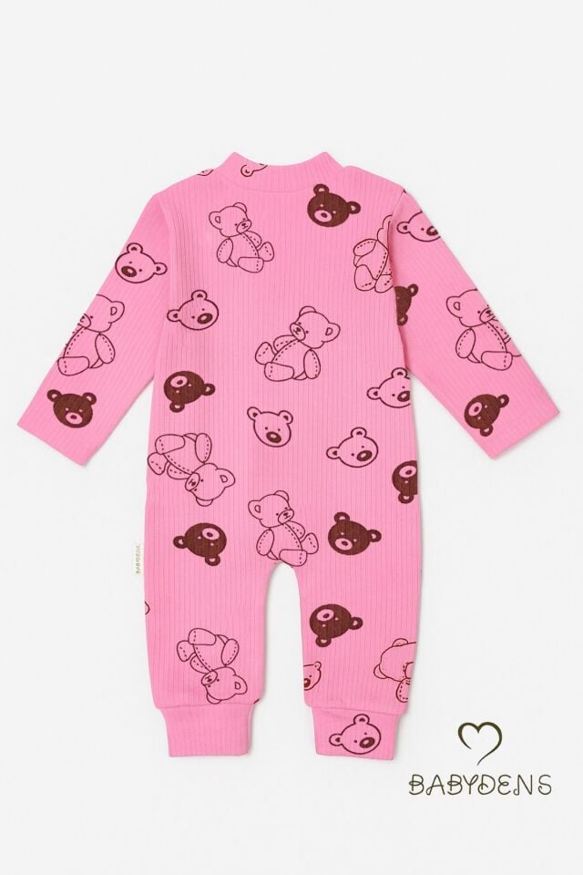 Pembe Ayıcık Desenli Çıtçıtlı Bebek Tulum %100 Pamuklu Ribana Fitilli Uzun Kollu Tulum Manşetli Paça