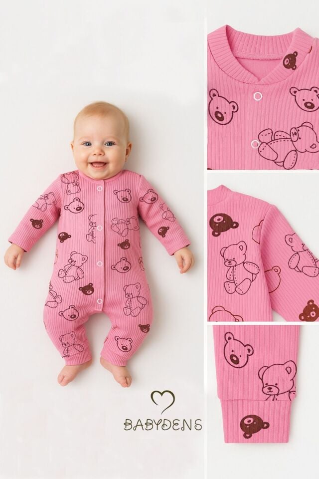 Pembe Ayıcık Desenli Çıtçıtlı Bebek Tulum %100 Pamuklu Ribana Fitilli Uzun Kollu Tulum Manşetli Paça