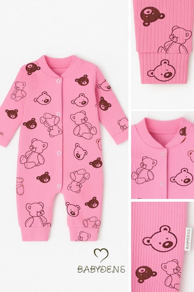 Pembe Ayıcık Desenli Çıtçıtlı Bebek Tulum %100 Pamuklu Ribana Fitilli Uzun Kollu Tulum Manşetli Paça