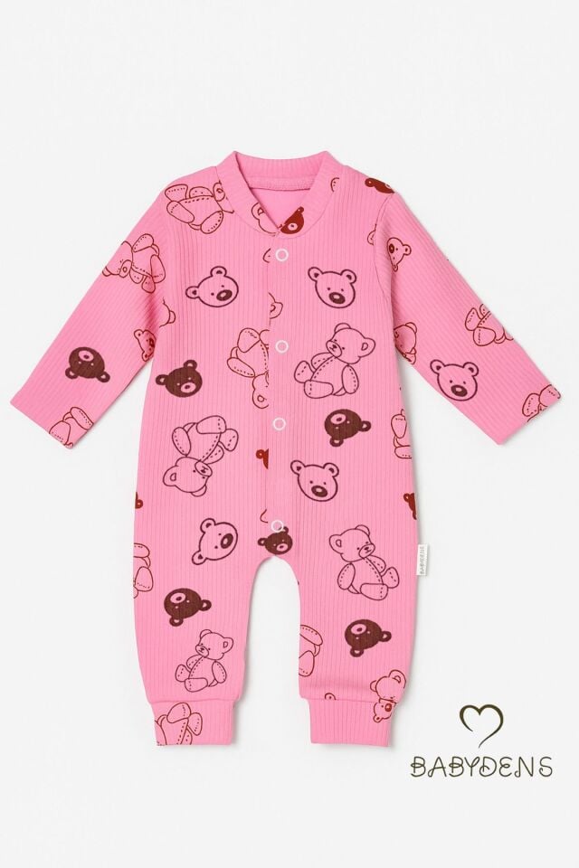 Pembe Ayıcık Desenli Çıtçıtlı Bebek Tulum %100 Pamuklu Ribana Fitilli Uzun Kollu Tulum Manşetli Paça