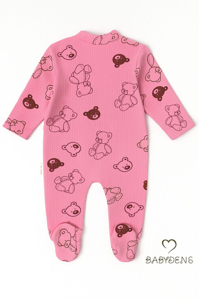 Pembe Ayıcık Desenli Patikli Bebek Tulum %100 Pamuklu Ribana Kumaş Fitilli Uzun Kollu Çıtçıtlı Zıbın