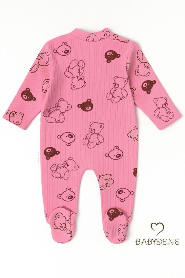 Pembe Ayıcık Desenli Patikli Bebek Tulum %100 Pamuklu Ribana Kumaş Fitilli Uzun Kollu Çıtçıtlı Zıbın