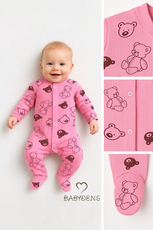 Pembe Ayıcık Desenli Patikli Bebek Tulum %100 Pamuklu Ribana Kumaş Fitilli Uzun Kollu Çıtçıtlı Zıbın