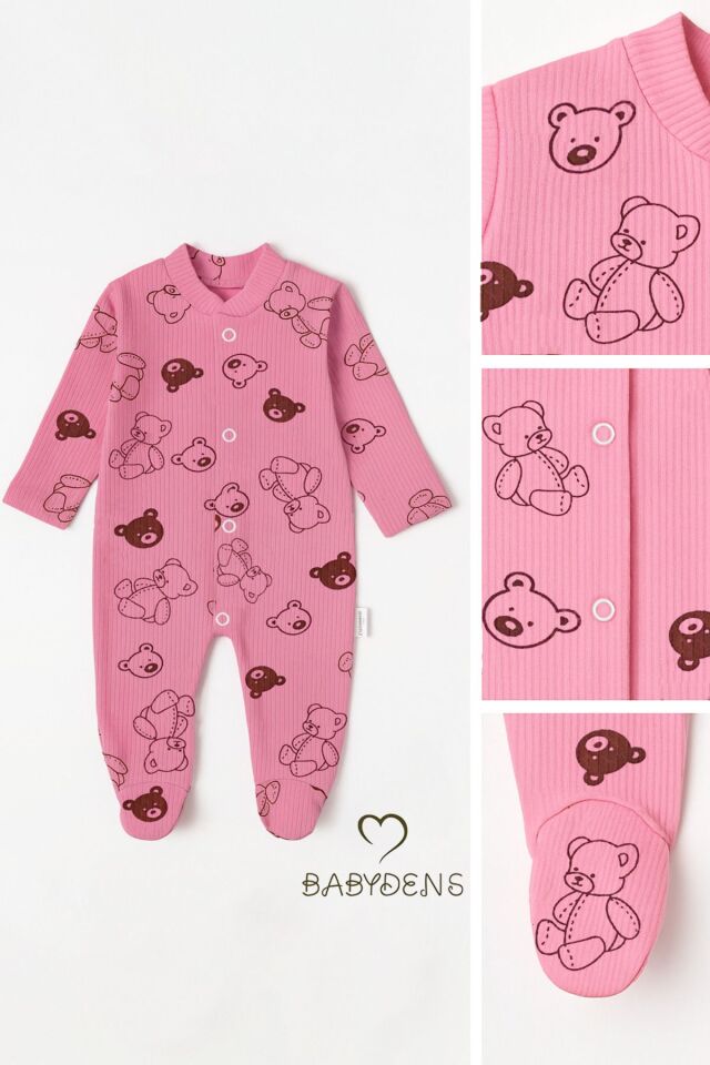 Pembe Ayıcık Desenli Patikli Bebek Tulum %100 Pamuklu Ribana Kumaş Fitilli Uzun Kollu Çıtçıtlı Zıbın