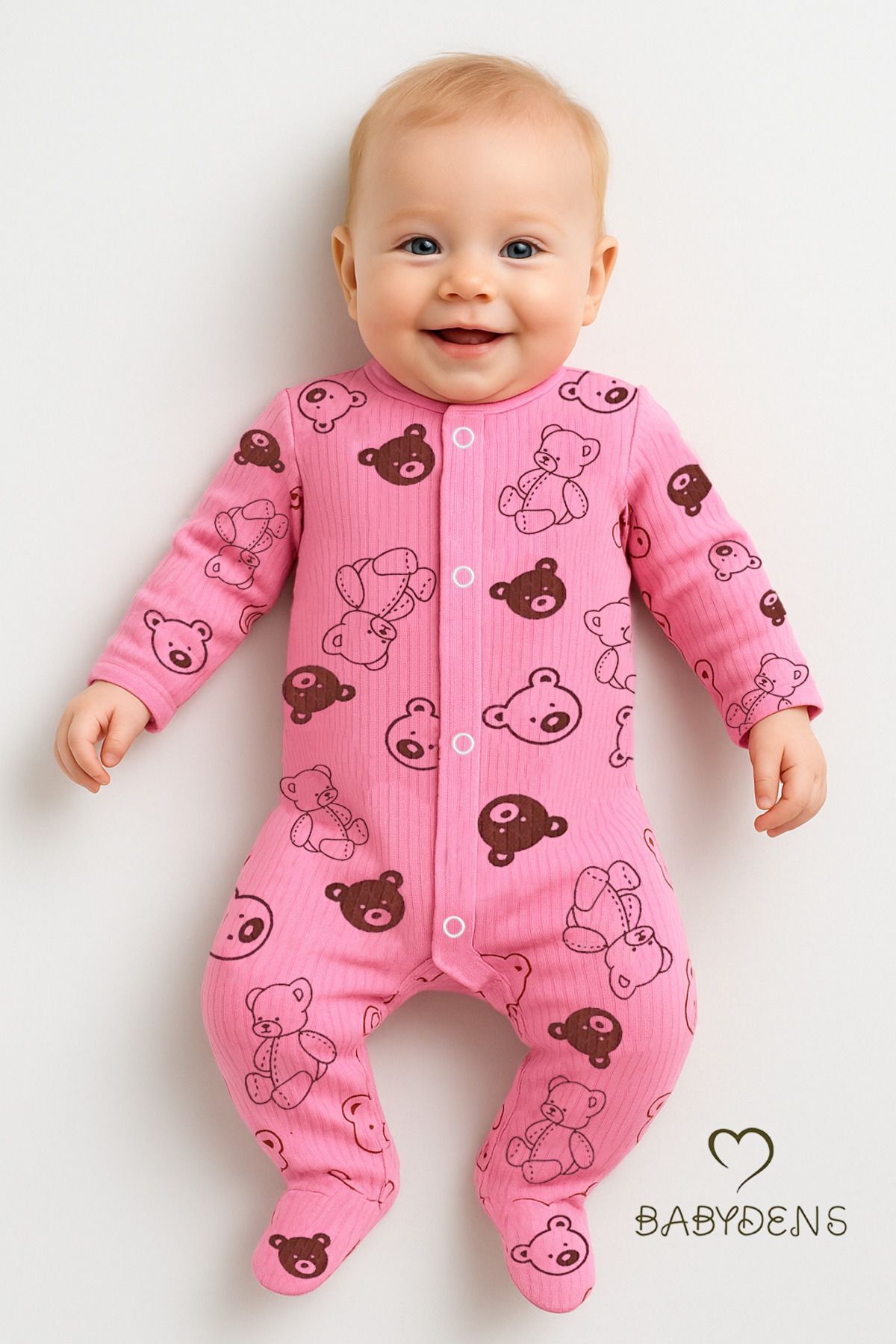 Pembe Ayıcık Desenli Patikli Bebek Tulum %100 Pamuklu Ribana Kumaş Fitilli Uzun Kollu Çıtçıtlı Zıbın