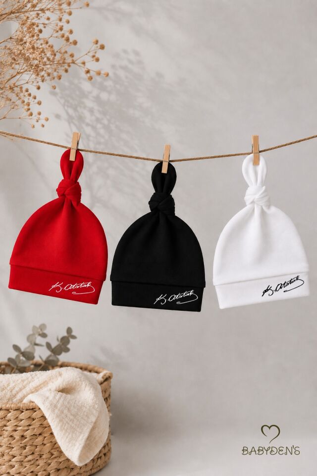 Atatürk İmzalı Yenidoğan Bebek Şapka Seti 3’lü Paket %100 Pamuklu Unisex Bebek Bere Takımı