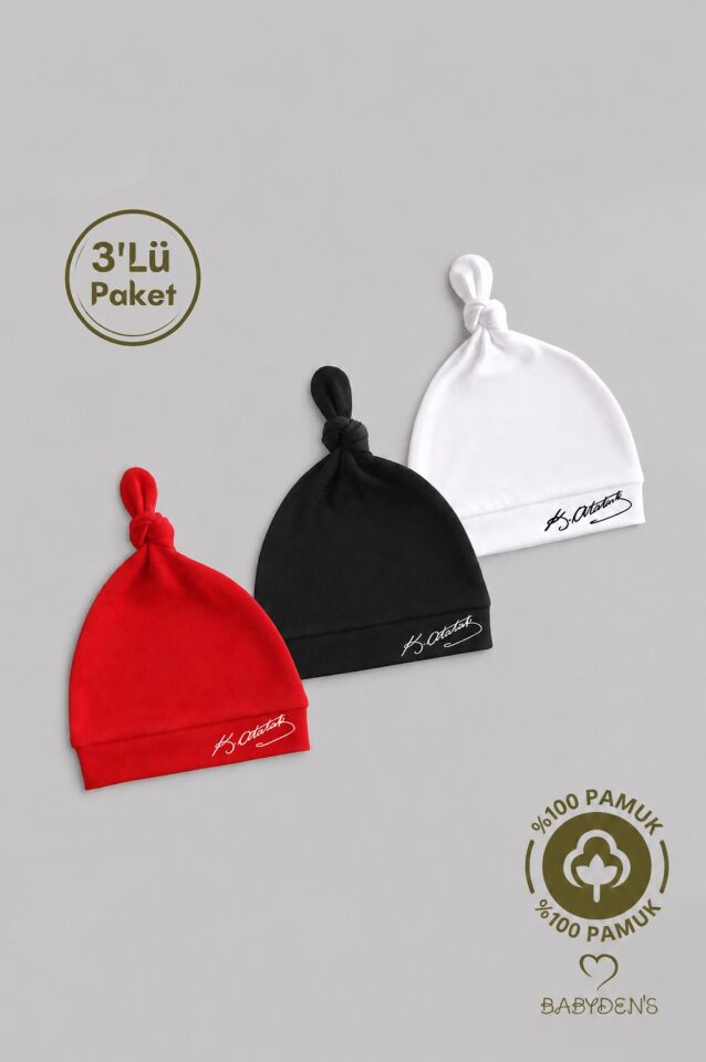 Atatürk İmzalı Yenidoğan Bebek Şapka Seti 3’lü Paket %100 Pamuklu Unisex Bebek Bere Takımı