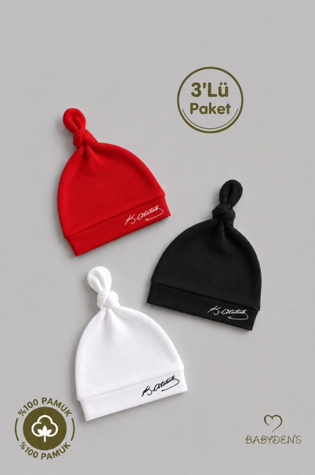 Atatürk İmzalı Yenidoğan Bebek Şapka Seti 3’lü Paket %100 Pamuklu Unisex Bebek Bere Takımı