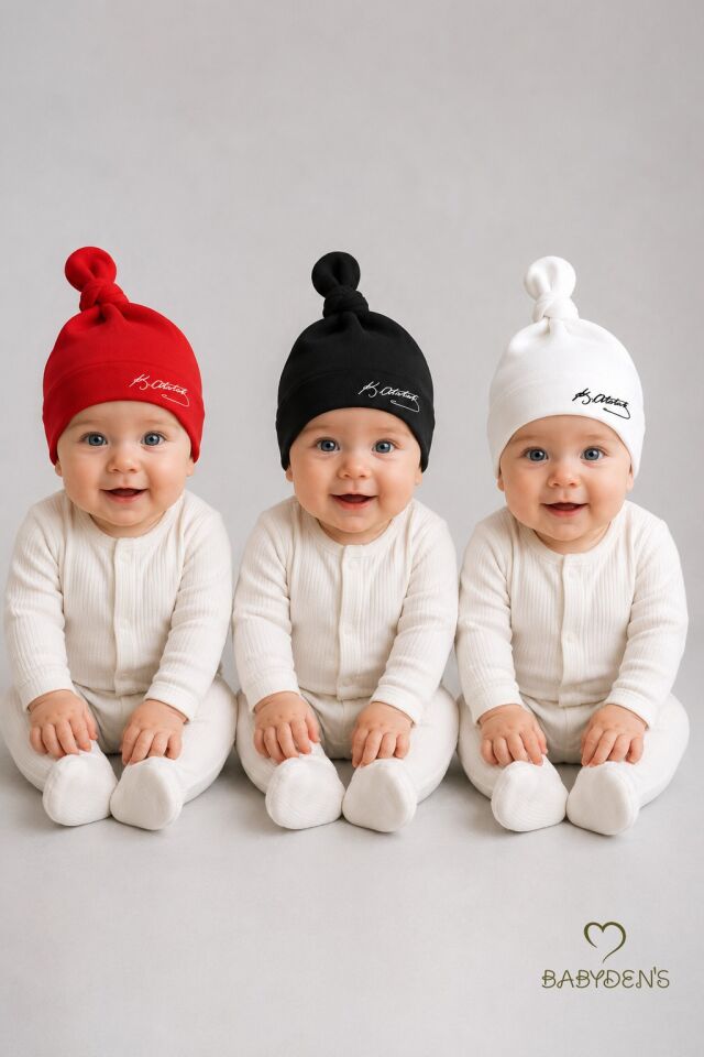 Atatürk İmzalı Yenidoğan Bebek Şapka Seti 3’lü Paket %100 Pamuklu Unisex Bebek Bere Takımı